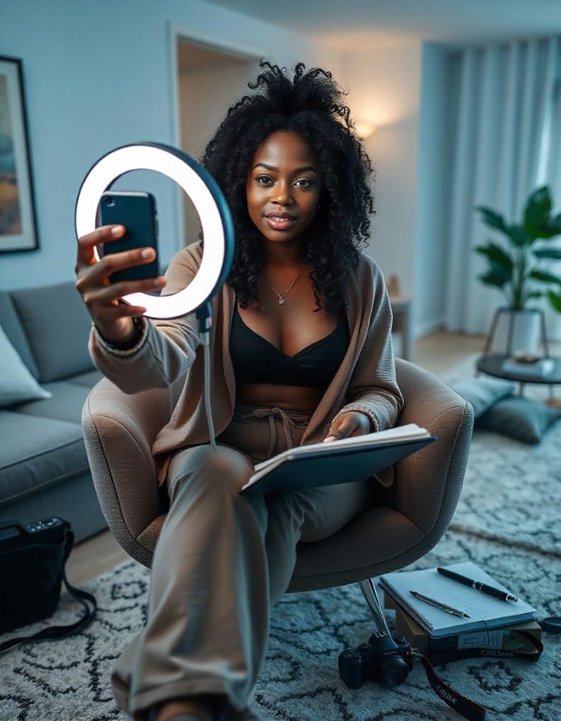 cam girl taking a selfie with ring light